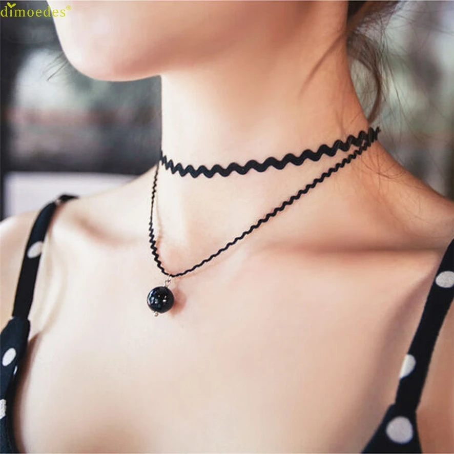 

HOT Brand Elegant black lace Choker Pearl Double Clavicle Necklace Waves Short Chain NEW 102510##418