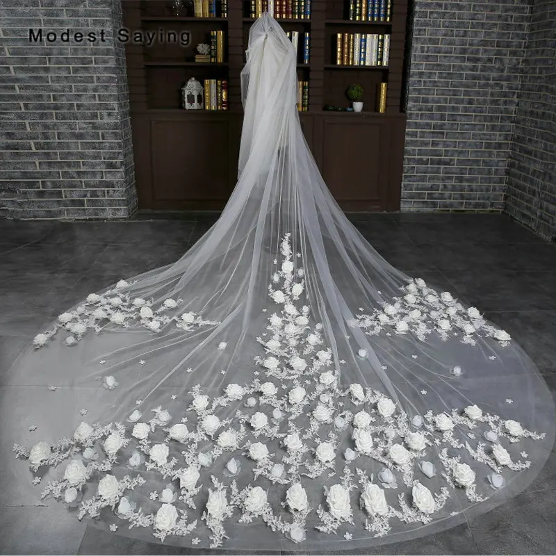 

Top Quality Luxury 3M Lace Rosette Church Cathedral Wedding Veils Net 2018 Long Floral Bridal Veils Bride Wedding Accessories