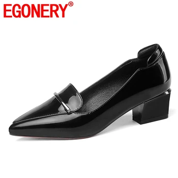 

EGONERY women shoes new fashion patent leather pointed toe med square heel slip-on metal decoration shallow breathable pumps