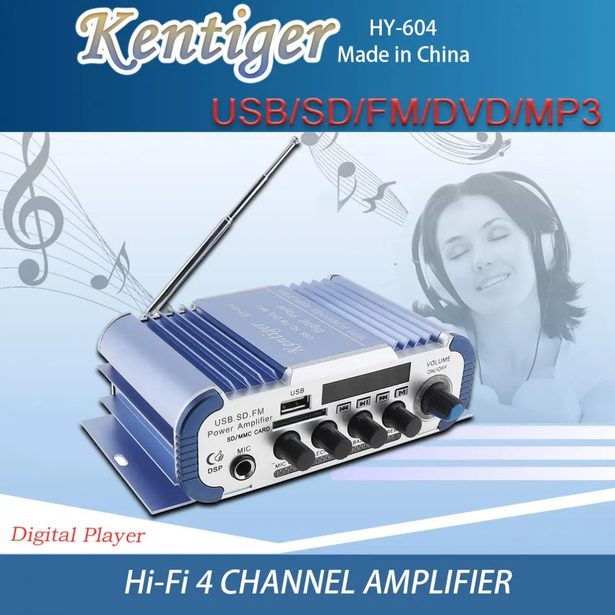 

4x42W Hi-Fi Car Audio Power Amplifier FM Radio Player Reverberation Function Support MP3/FM/USB/SD/DVD/Microphone Input For Car