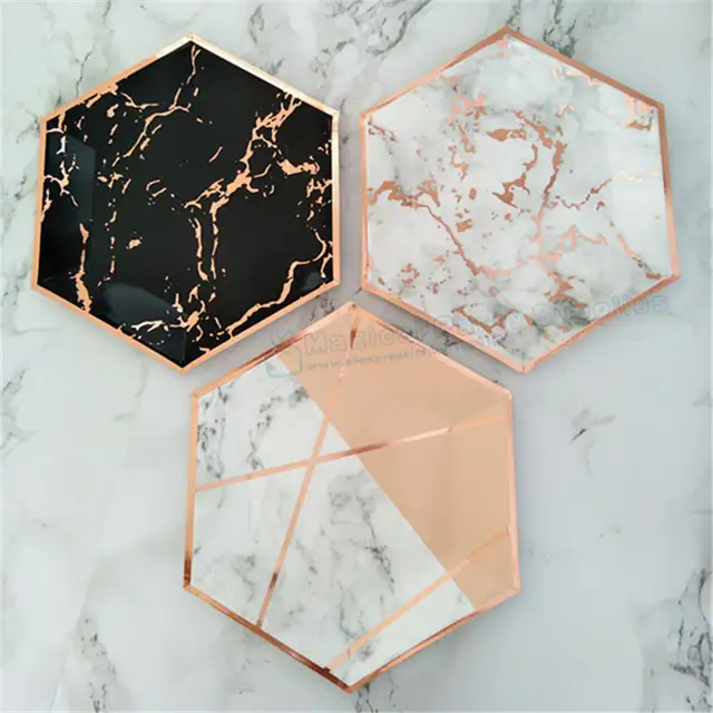 72pcs Black With Rose Foil Marble Paper Plate Elegant Modern