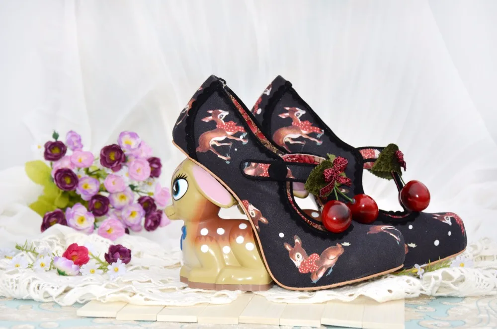 Cute buckle strap deer printing leather shoes irregular little deer heel shoes double cherries high heel shoes