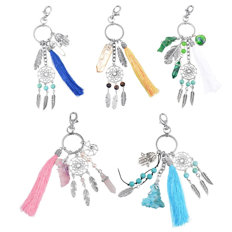 Laamei 2018 Handmade Natural Stone Keychain Dream Catcher Tassels Feather Women Silver Boho Jewelry keychain Gift | Украшения и