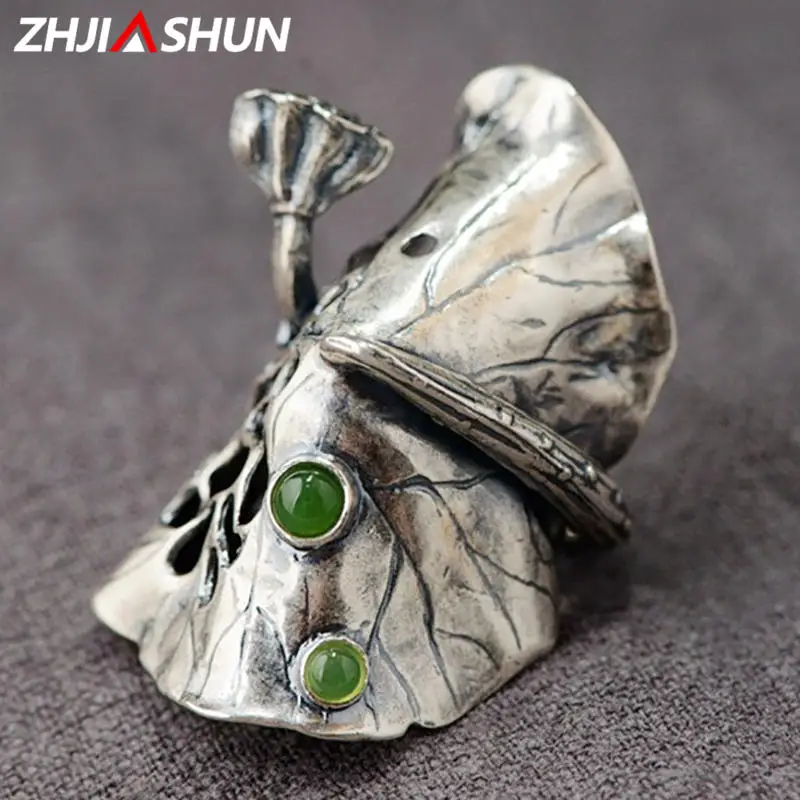 

ZHJIASHUN Green Stone & Lotus Hollow Ring for Women Female 990 Sterling Silver Rings New Fashion Gifts