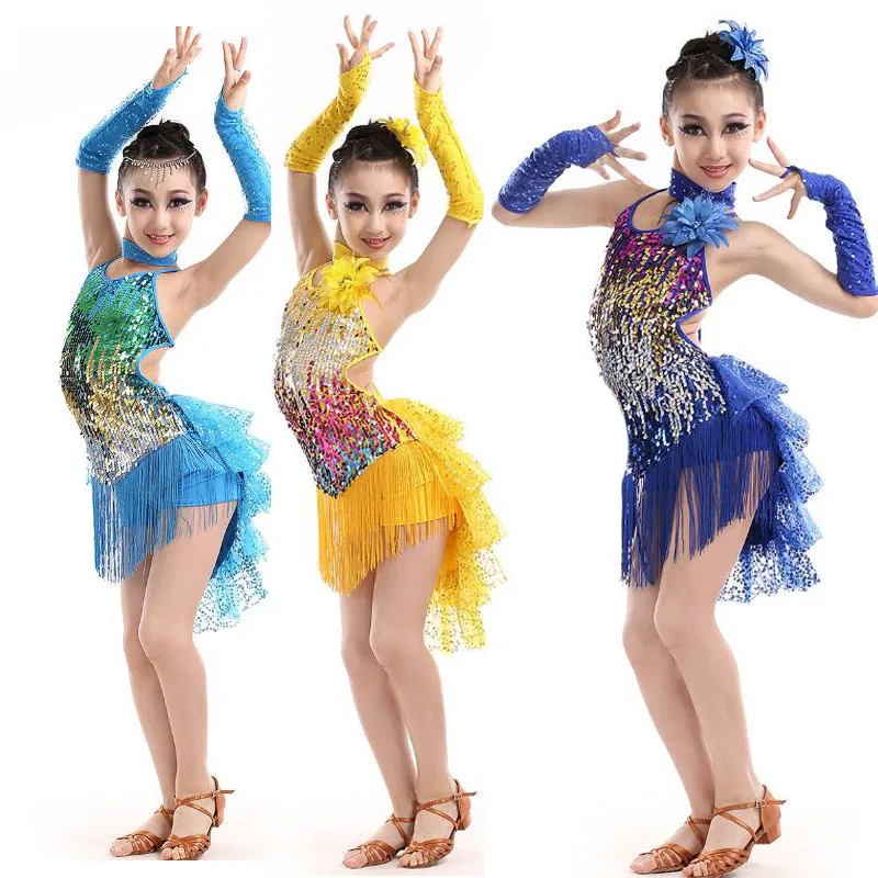 Детское профессиональное платье для латинских танцев детский сверкающий костюм для соревнований платье для сальсы танцуя Танго/Румба с кисточками для девочек