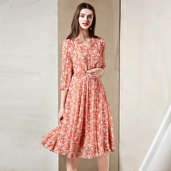 

New Shredded Flower 100% Silk Dresses High-end, Medium And Long V-neck Silk Dresses Summer
