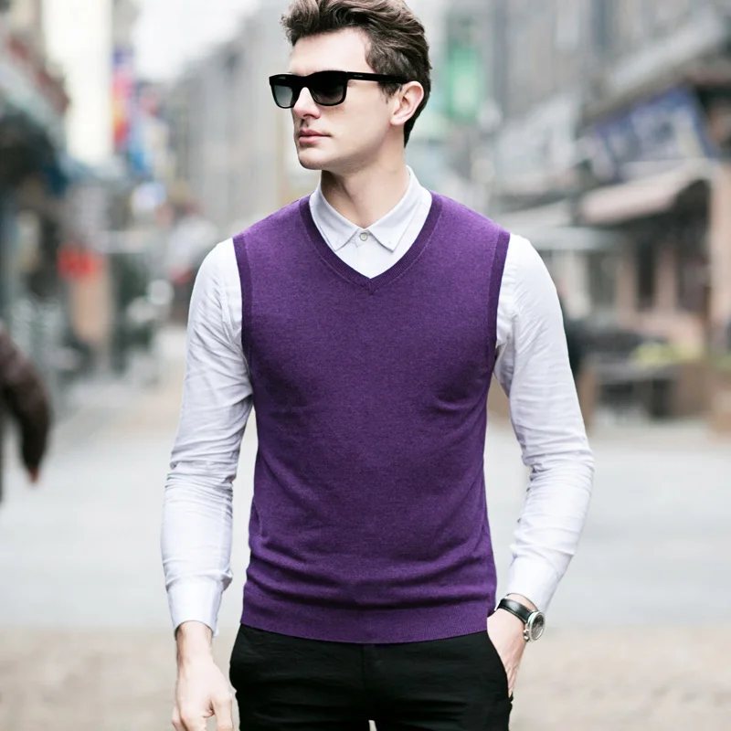 MACROSEA мужской Однотонный свитер с v-образным вырезом, жилет из чистой шерсти, высокое качество, Мужская официальная одежда, мужской деловой пуловер, свитер - Цвет: 9527 Purple