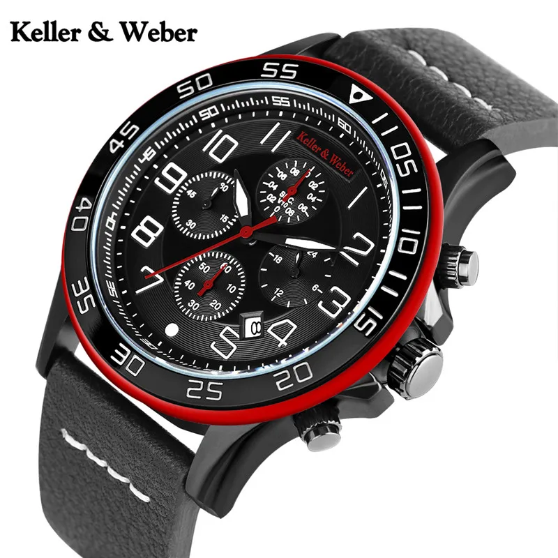 

Keller & Weber Quartz Watch Genuine Leather Casual Men 3ATM Water Resistant Date Aviator Wrist Watch relogio masculino