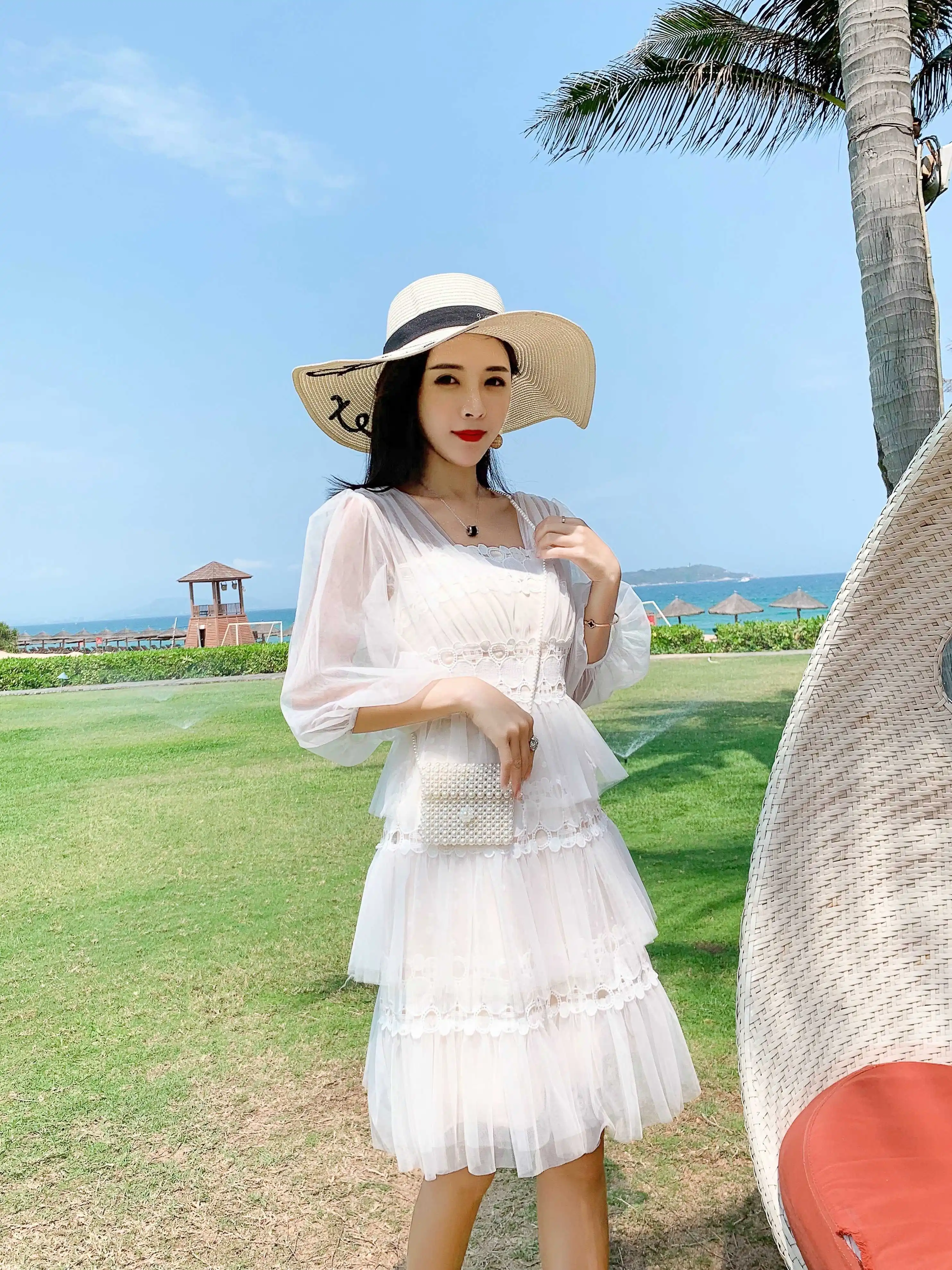 Новое поступление женское кружевное лоскутное белое летнее платье для вечеринки сексуальное с v-образным вырезом крючком жаккардовое Сетчатое пляжное платье Элегантное Vestidos