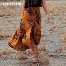 Sukibandra Boho Chic Long Vintage Floral Print Maxi Split Skirt Women Bohemian Hippie Summer Fashion Beach Button Front Skirt