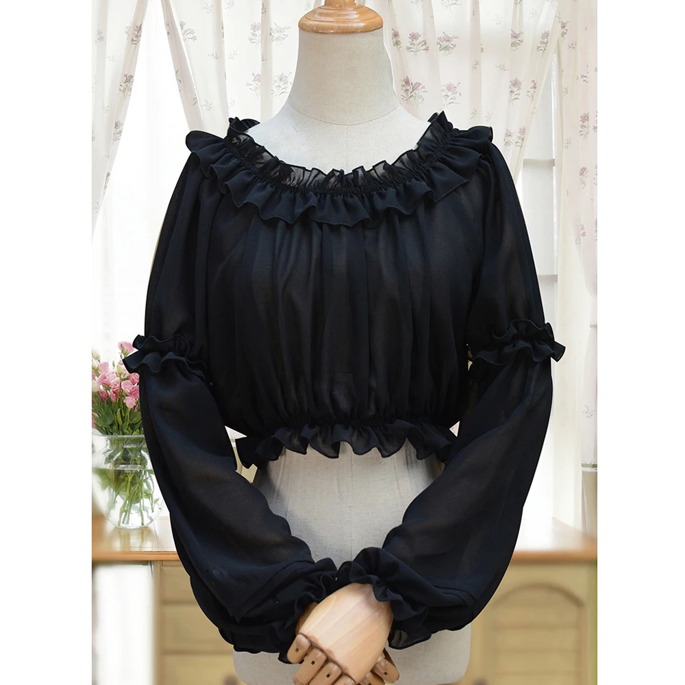 Victoriaanse blouse dames gothic Lolita shirt vintage lange mouwen Lotus ruches tops, Zwart, XL