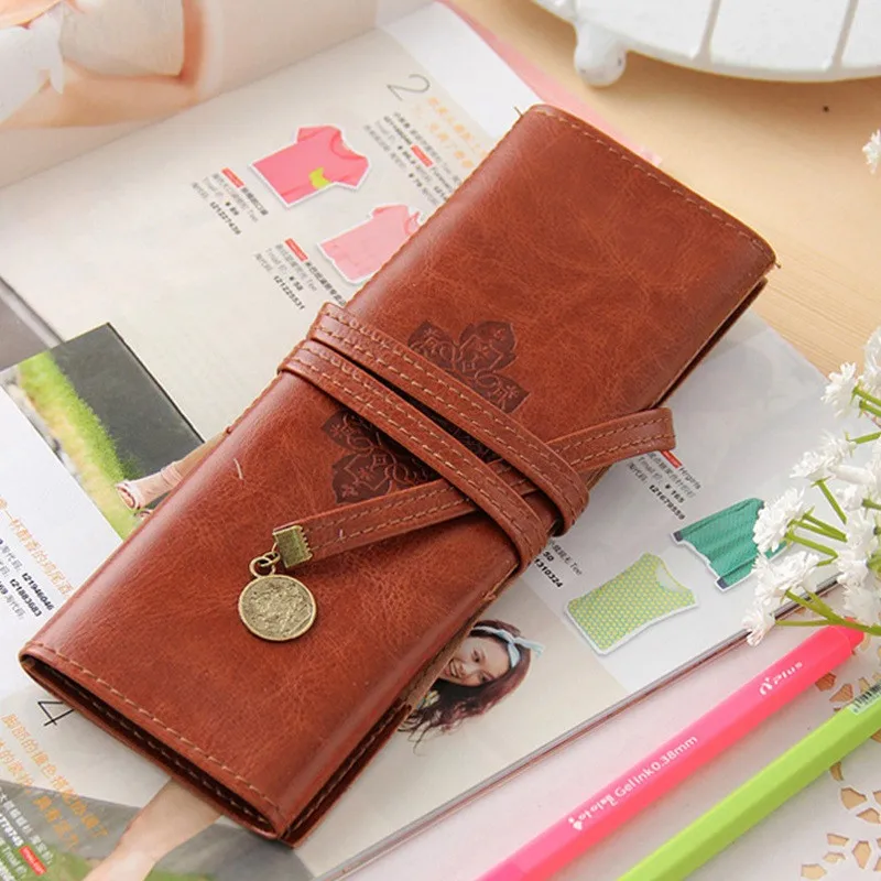

Vintage PU Leather Roll Up Pencil Case Stationery Store Pen Bag Pouch School Holder Pencilcase Pirate Purse Bts Makeup Organizer