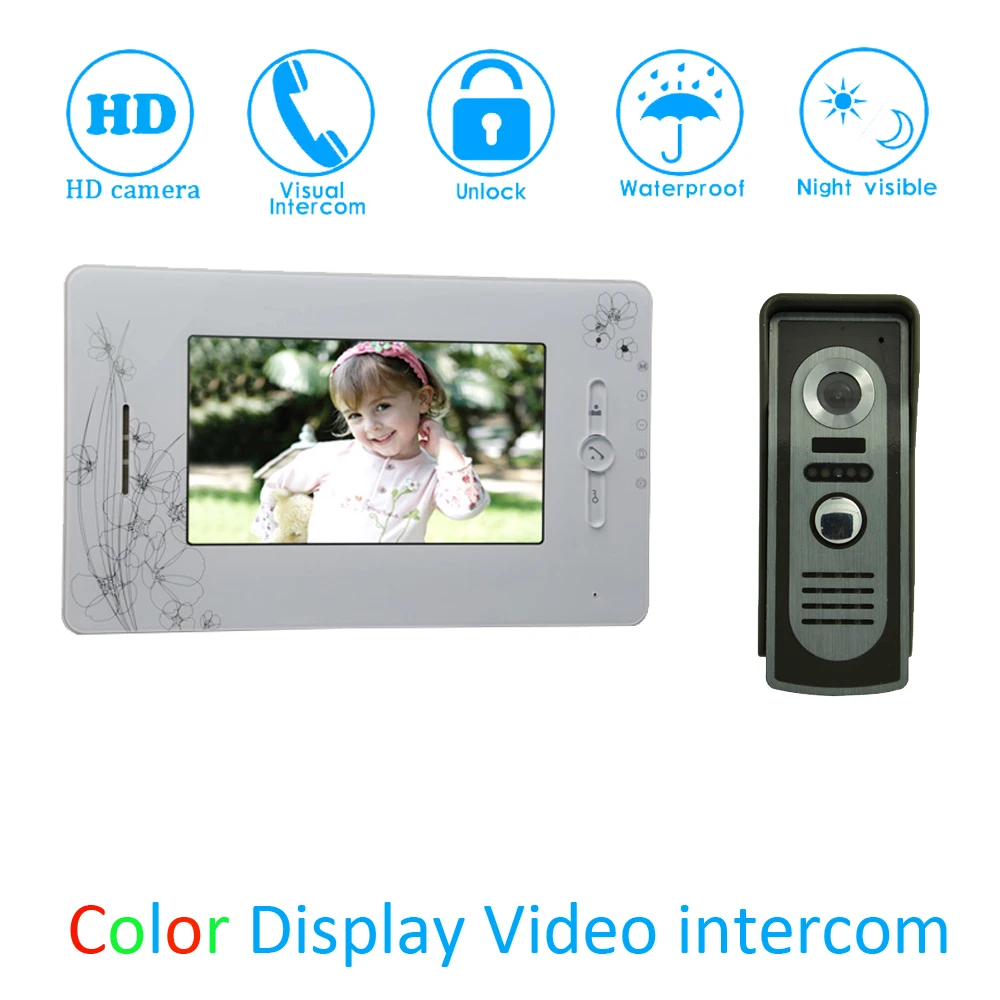 

(1 Set) Smart Home Door Access Control Intercom System HD Camera 7" Video Door Phone Waterproof Doorbell Calling System white