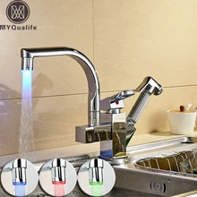 Polished Chrome LED Pull Out Kitchen Faucet Double Spout Deck Mount Kitchen Mixers with Hot and Cold Water Crane