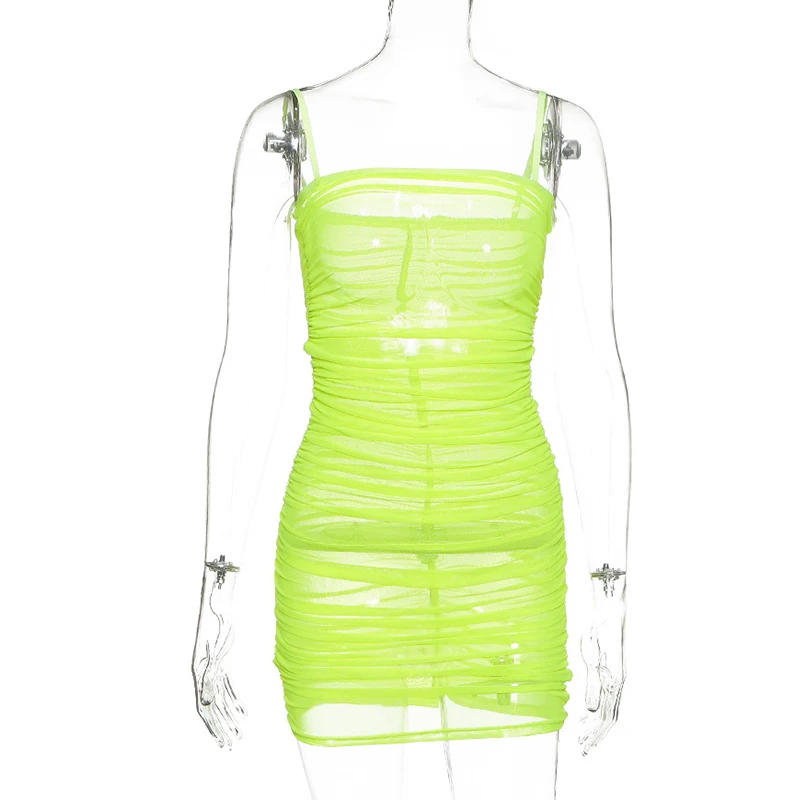 Forefair Sexy Bodycon Mesh Dress Neon Green  (35)