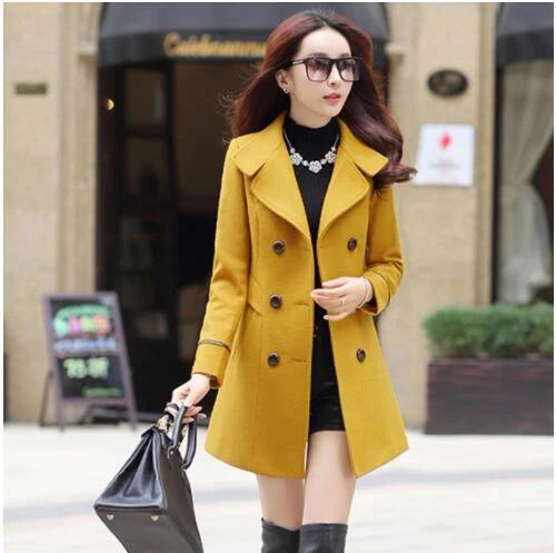 Осеннее шерстяное пальто для женщин с отложным воротником двубортное пальто зимнее элегантное женское шерсятнное пальто парка ZH064 - Цвет: Yellow