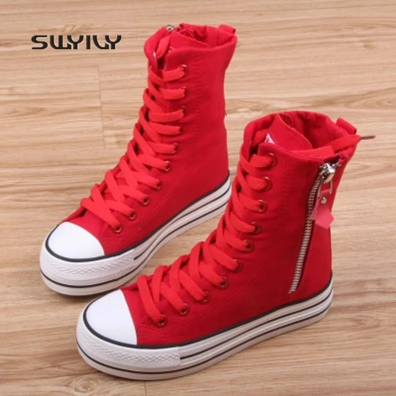 SWYIVY البريدي عالية أعلى النساء أحذية التزلج 2018 الربيع الخريف قماش منصة النساء حذاء رياضة الارتفاع زيادة أحذية للنساء