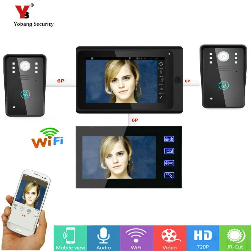 Yobang Security 7 дюймов 2 монитора проводной/беспроводной Wifi IP видео дверной звонок