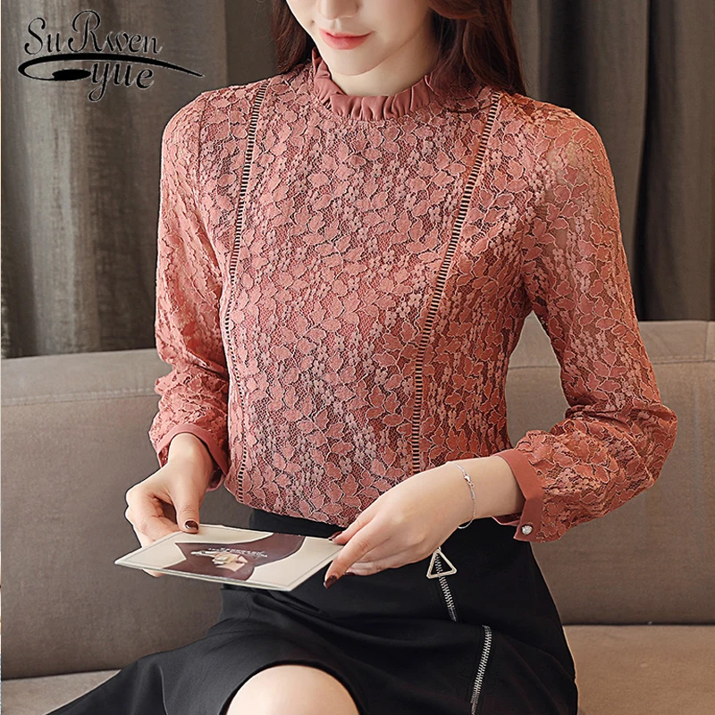

2019 autumn Fashion women blouse Korean style slim long sleeve lace shirt unlined upper garment hollow out stand collar 1363 45