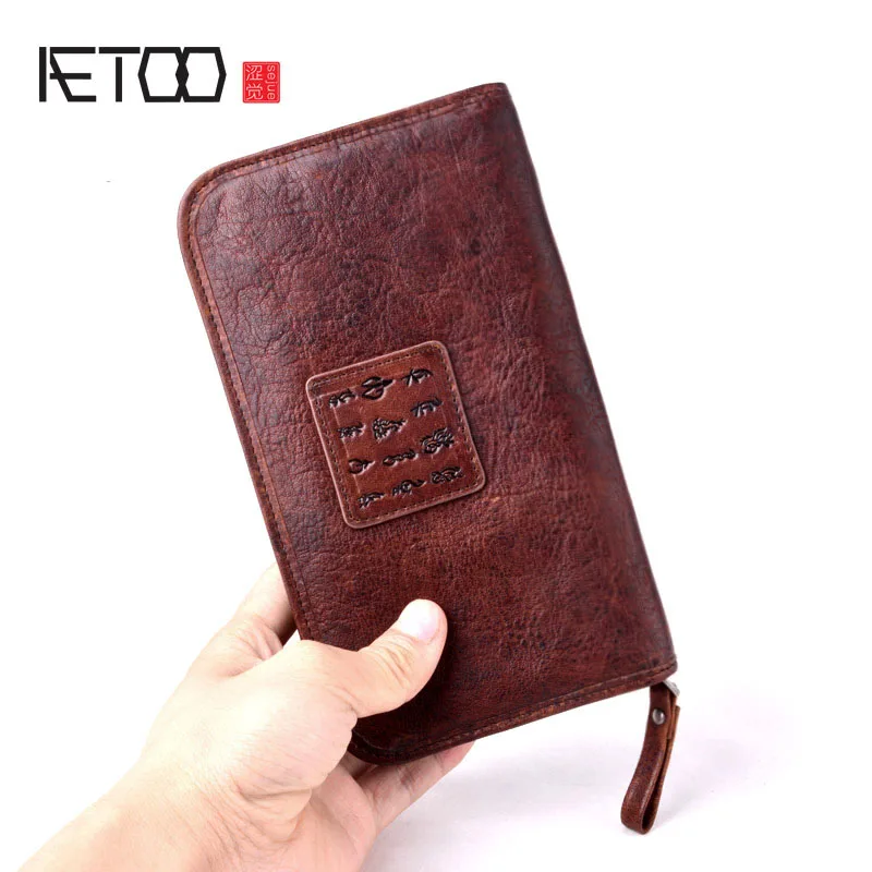 

AETOO Retro handmade long men's sheepskin hand grasping pattern bag Oracle leather clutch bag