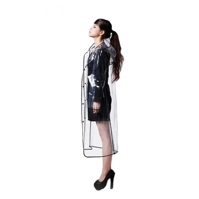 

Women Fashion Long Transparent Rain Jacket Coat Waterproof Rain Poncho with Hood and Black Edge Freesmily