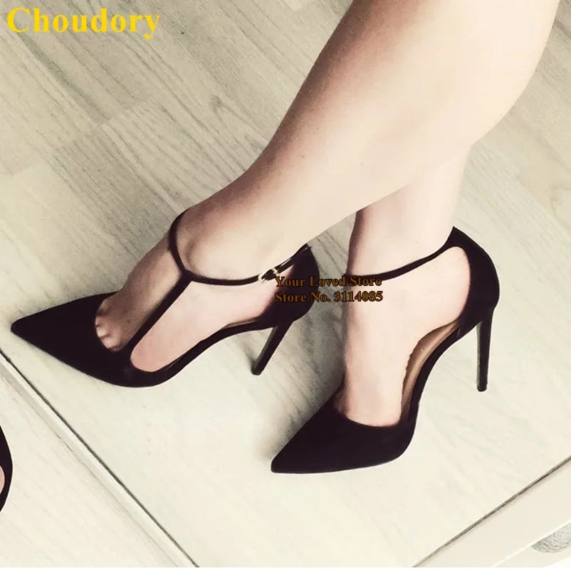 

Choudory Women Black Suede Pointed Toe Pumps T-strap Buckle High Heel Shoes Stiletto Heels Women Shoes Dropship Shallow Pumps