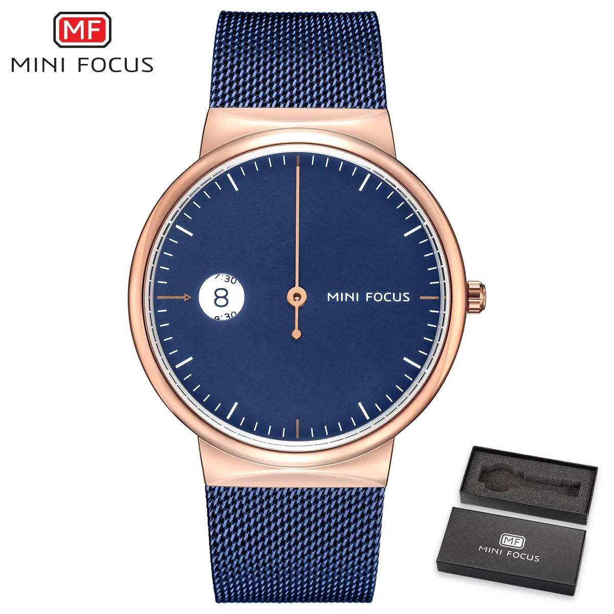 

MINIFOCUS Mens Watches Top Brand Luxury Quartz Clock Ultra Thin Blue Mesh Strap Minute Hand Hour Display Minimalist Watch + BOX