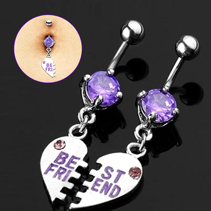 

1 pair New Heart Dangle Navel Belly Button Ring Piercing Purple Tone Set of Best Friend @M23