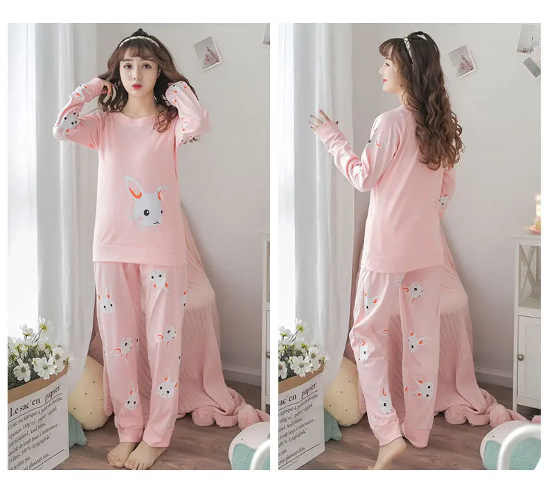 Большие размеры, женские хлопковые пижамы, пижамные комплекты, одежда для сна с кроликом и длинными рукавами, топ+ штаны, пижама, Пижамный костюм, комплект из двух предметов, домашняя одежда