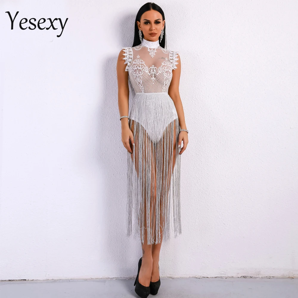 Yesexy 2020 Sexy Women Tassel Playsuits Women Overalls High Neck Sleeveless Lace See Through Glitter Tassel Bodysuit VR8901 Yesexy 2020 Sexy Women Tassel Playsuits Women Overalls High Neck Sleeveless Lace See Through Glitter Tassel Bodysuit VR8901