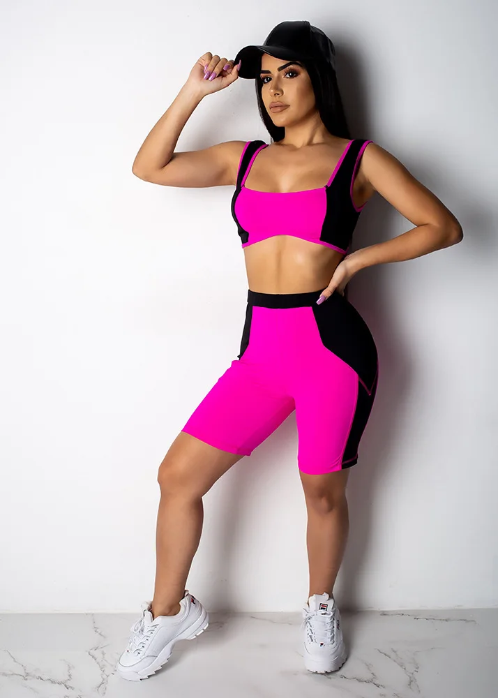 

Casual Fluorescent Color Block Tracksuit Elegant Crop Tank Top With Ridding Shorts Pants Two Piece Set Bodycon Sport Women Set