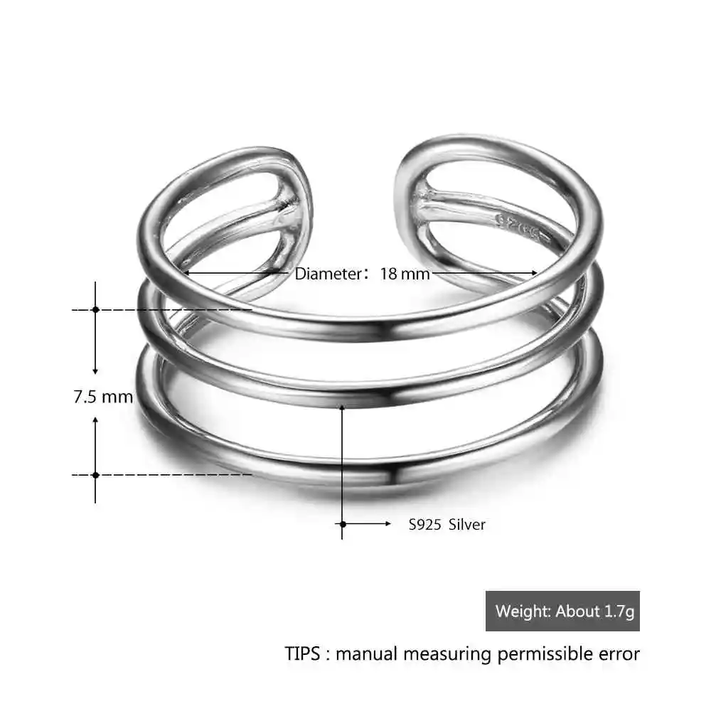 New Women Real 925 Sterling Silver Ring 3 Layers with Open Cuff Adjustable Trendy style Ring Party Accessory JewelOra RI102678