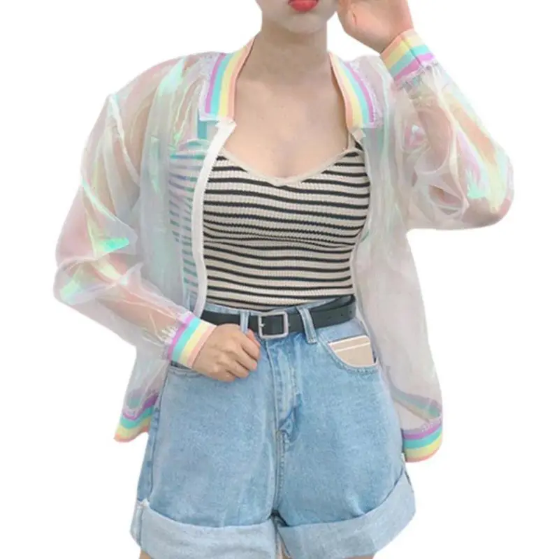 2017 font b Women b font Summer Jacket Laser Casual Fashion Rainbow Collar Zipper Loose Sunscreen