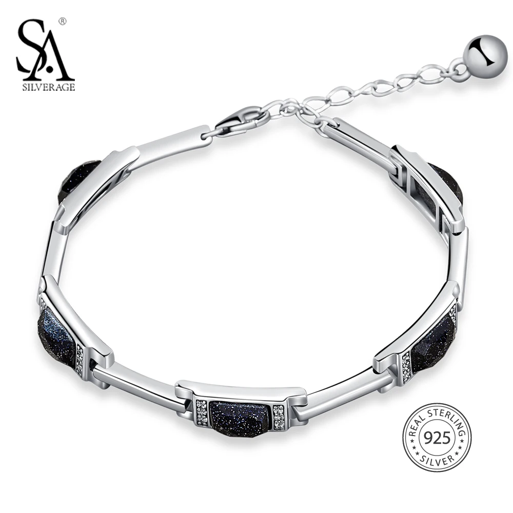 

SA SILVERAGE 925 Sterling Silver Rectangle Stone Chain Bracelets Bangles Fine Jewelry 925 Silver Chain Link Bracelet