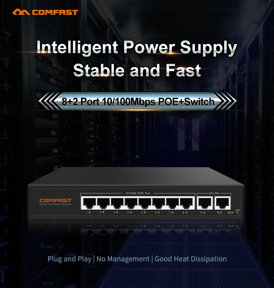 Comfast CF-SF181P 120W High Power Smart Monitoring Supply 8+2 Port 10/100Mbps POE Switch 2G Bandwid for Wireless AP &IP camera