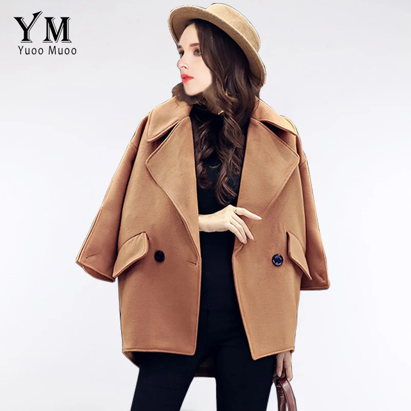 YuooMuoo Fashion Vintage Khaki Solid Wool Coats Three Quarter Sleeve Jackets Buttons Double