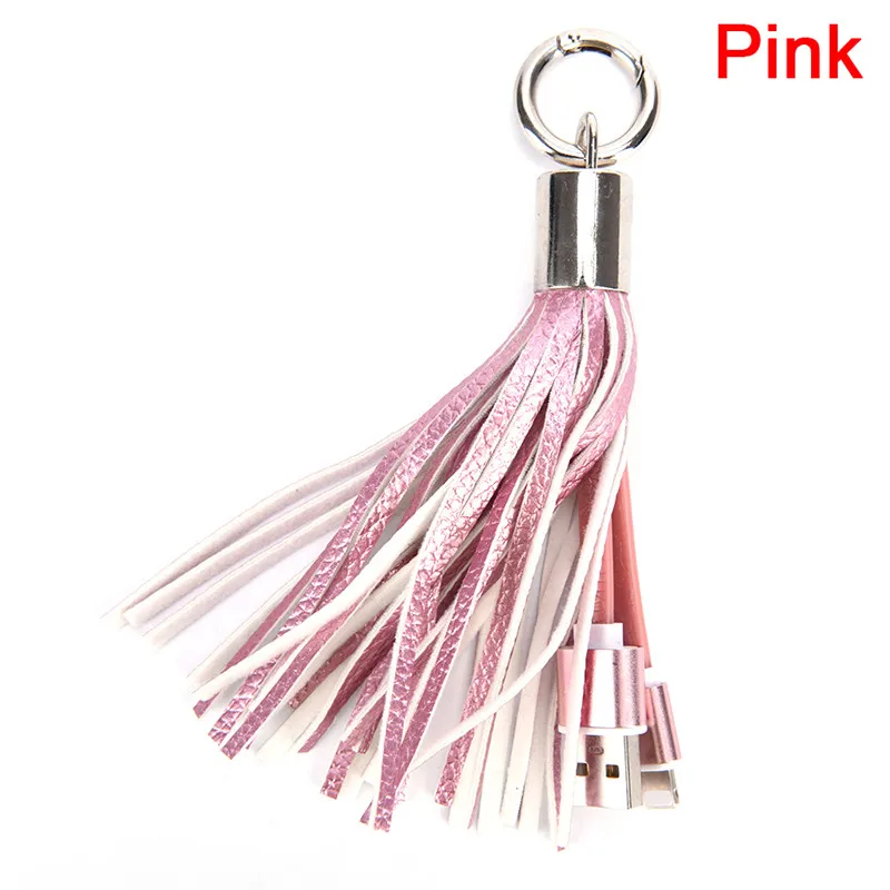 HWetR мини брелок для iPhone USB кабель быстрое зарядное устройство металлический брелок кабель для передачи данных Шнур зарядный адаптер кожаный кисточка сумка Декор - Цвет: Pink