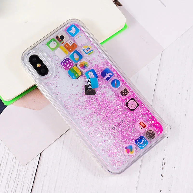 Diamond Glitter Liquid Mobile Apps Icon Clear Case Cover For iPhone 8 Plus 7 X 6s XR XS Max Bling Dynamic Quicksand Phone Coque  (1)