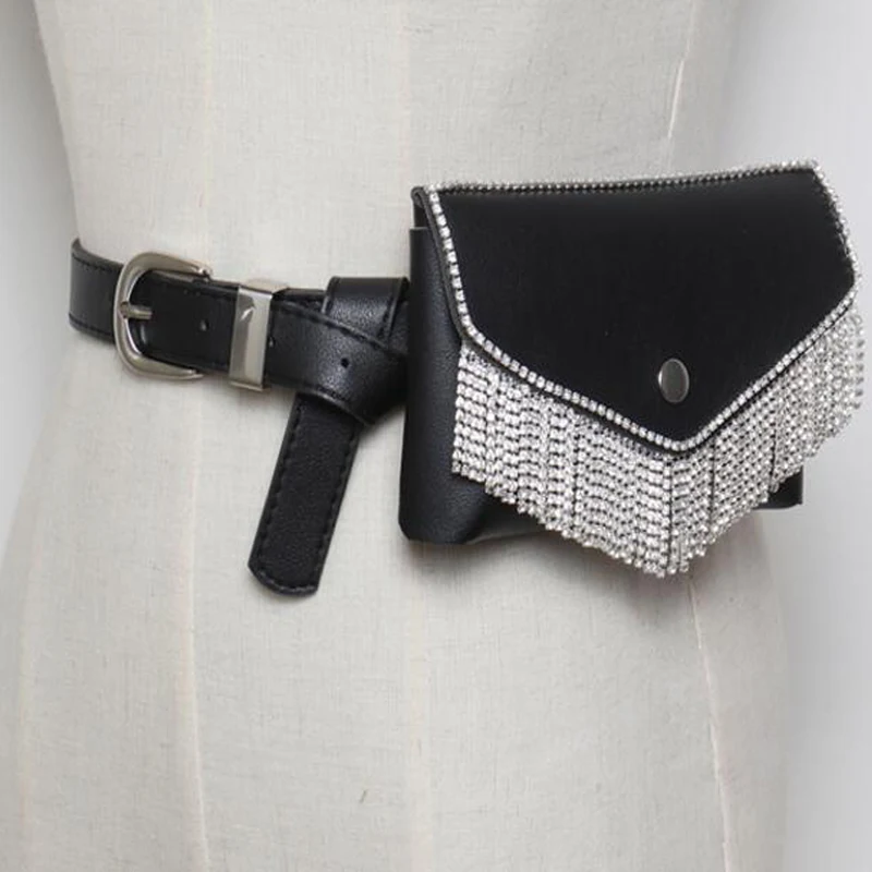 2018 Fashion Faux Leather belt bag fanny pack women black tassel Full Crystal waist bag pack ...