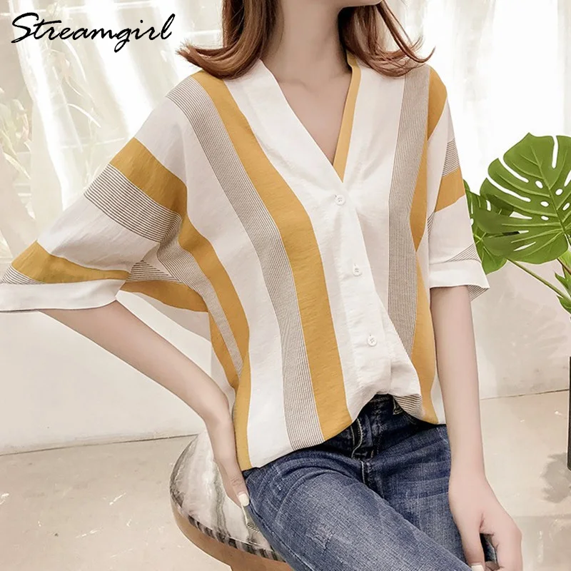 Свободная полосатая блуза на пуговицах для женщин, летняя льняная рубашка размера плюс, женская блуза с v-образным вырезом и коротким рукавом, синяя полосатая рубашка для женщин, свободная - Цвет: Yellow
