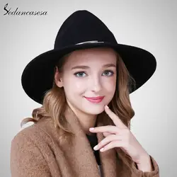Sedancasesa Европа Англия Стиль осень-зима шляпа женские фетровые шляпы широкими полями металлические кольца шерсть фетровые федоры женская