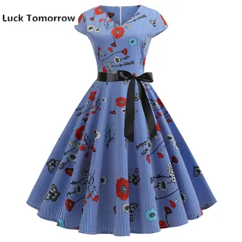 

2019 Women Vintage Summer Dress 50s 60s Retro Elegant Plus Size Party Dresses V Neck Rockabilly Pinup Casual Floral Vestidos