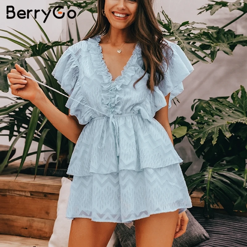 

BerryGo Elegant ruffled jumpsuit women romper Summer short sleeve sashes chiffon v neck jumpsuits sweet ladies overalls 2019