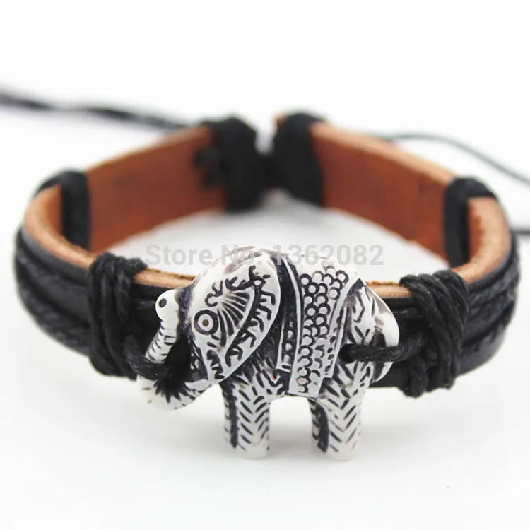 

Lucky Handmade Imitation Bone Carved Lucky Elephant Leather Bracelets Gift MB111
