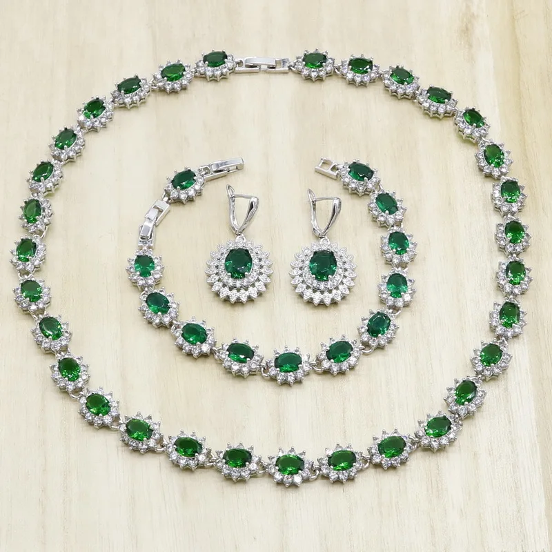 

Green Crystal 925 Sterling Silver Jewelry Sets for Women Necklace Earrings Bracelet Wedding Bridal Jewelry