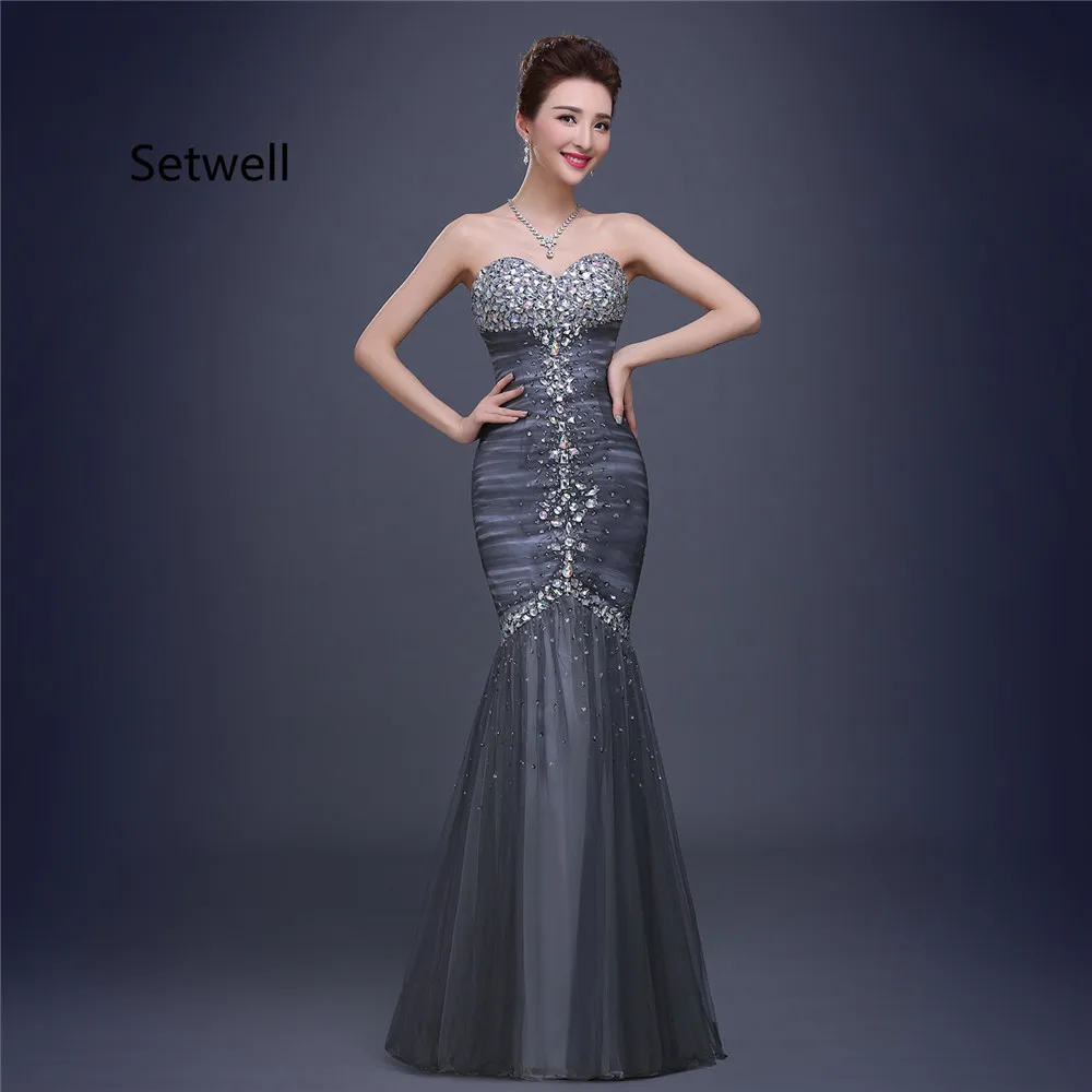 

Setwell Vintage Mermaid Evening Dress Strapless Floor Length Long Prom Dresses High Quality Shining Sequin Evening Gown