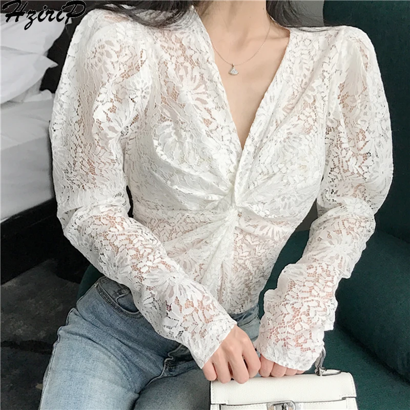 

Hzirip Women Blouses 2019 New Design Spring Autumn Fashion Hollow Solid Slim Puff Sleeve V-Neck Sexy Top Office Lady 2 Colors