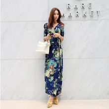 Богемное платье, винтажное Цветочное платье с поясом, пляжные платья, женское макси платье, женское летнее платье с перекрестным v-образным вырезом
