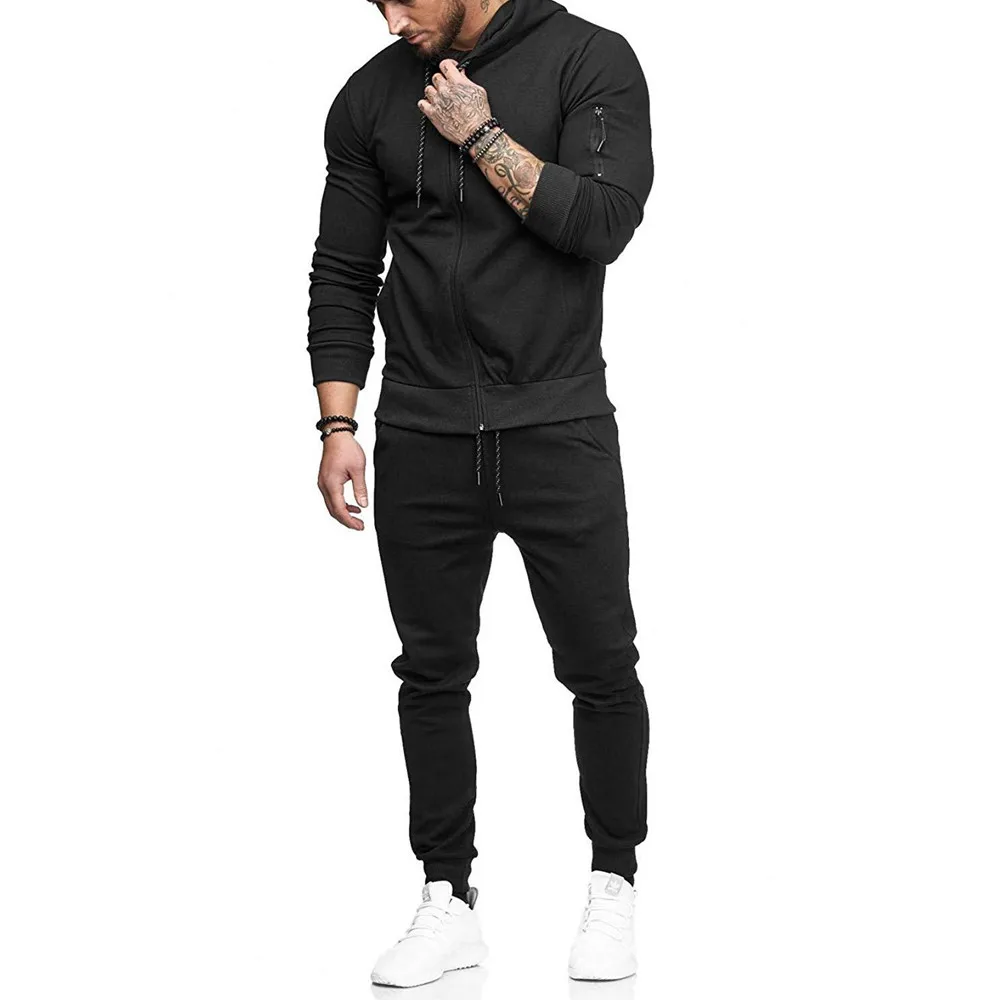 90% OFF 2019 Men's  Gym Tracksuit Long Sleeve Hoodie Trouser Set Men Drawstring Jogging Pants Solid Casual Sport Suit For Man D40