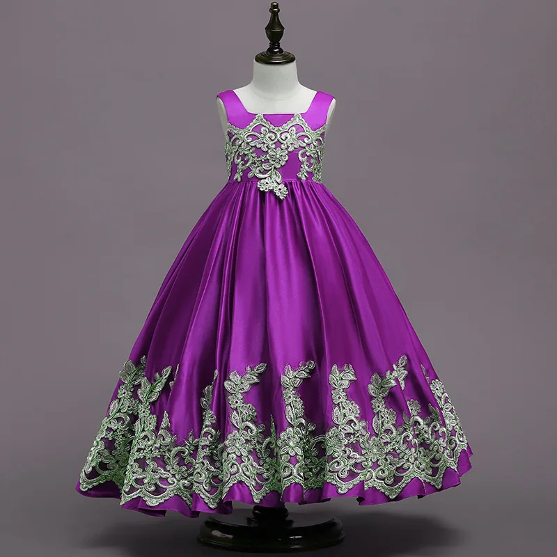 Real até o Chão Vestidos da Menina Vestidos de Festa Princesa Azul Flor Ouro Applique Meninas Pageant Vestido Primeira Comunhão 13 Princesa azul real até o chão vestidos